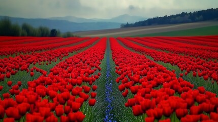 Stunning field of bright red tulips blooming in abundance beneath a clear blue sky on a sunny day