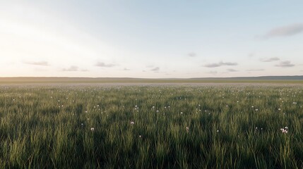 A tranquil field of green grass under a clear blue sky offering a sense of peace and calm