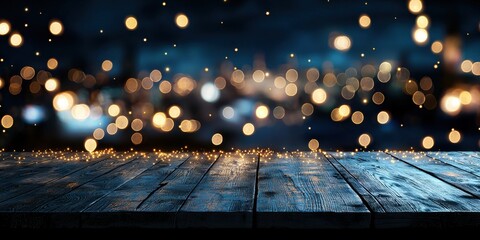 Romantic wooden table illuminated with bokeh lights, festive background concept.
