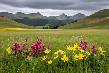 A stunning field of flowers nestled in front of a majestic mountain range against a blue sky