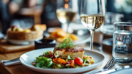 Grilled fish fillet resting alongside crisp salad, vibrant cherry tomatoes, complemented by chilled white wine in intimate restaurant ambiance