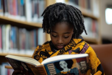 A photo of a young Black student in a school library, reading a book about Black history.Black heritage,black history month,african american history.