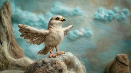 Obraz premium Art Felt Hawk Perspective Spreading Wings Fluffy Cliffs