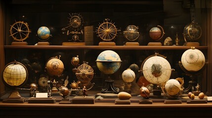 Antique globes and astronomical instruments in display case