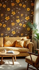 Fototapeta premium Cozy living room with vintage floral wallpaper and sunlit sofa