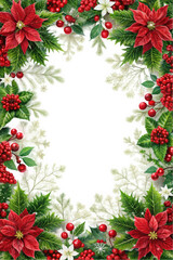 A festive floral frame featuring vibrant red poinsettias, green leaves, and berries, perfect for holiday cards or seasonal decorations.