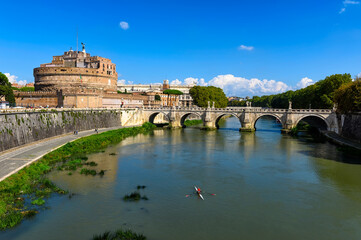 Castle Sant Angelo (Mausoleum of Hadrian), bridge Sant Angelo and river Tiber in Roma, Italy....