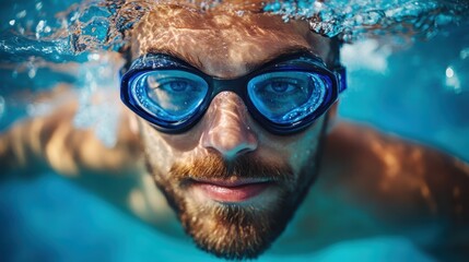 Fototapeta premium Muscular bearded swimmer gliding underwater, wearing blue goggles, moving through turquoise pool with fluid motion, experiencing summer leisure and joyful freedom