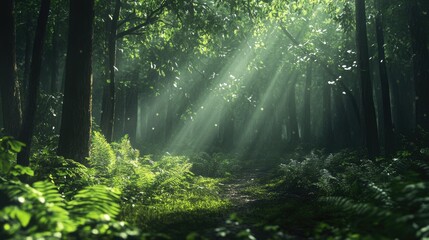Obraz premium Sunlight Streaming Through Forest Trees and Ferns Creating an Ethereal Scene