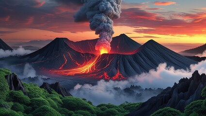 Majestic Volcano Landscape with Lava Flow and Dramatic Sky