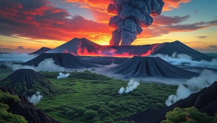 Majestic Volcano Landscape with Lava Flow and Dramatic Sky