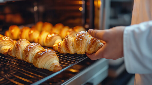 Freshly baked croissants being taken out of oven by baker, showcasing golden flaky texture, warmth and the artisanal quality of classic pastry making.