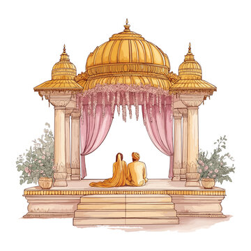 Sikh Wedding Illustration &ndash; Gurudwara Mandap with Bride and Groom
