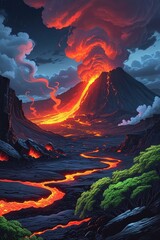 Majestic Volcano Landscape with Lava Flow and Dramatic Sky