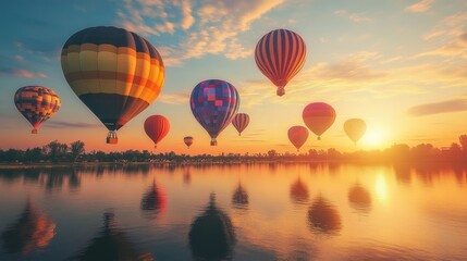 Obraz premium Colorful hot air balloons over a tranquil lake at sunset. A breathtaking, vibrant display of hot air balloons against a beautiful sunset sky