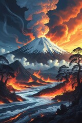 Majestic Volcano Landscape with Lava Flow and Dramatic Sky