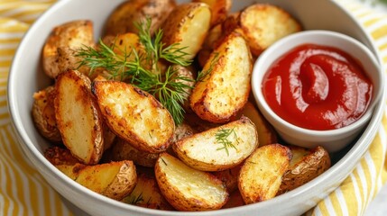 Golden potato wedges seasoned, roasting to crispy perfection, nestled in ceramic bowl beside tangy ketchup, sprinkled with fresh dill, offering homestyle comfort