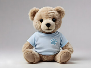 Obraz premium A classic teddy bear sitting with a white t-shirt and a brown paw print creates a charming and nostalgic scene.
