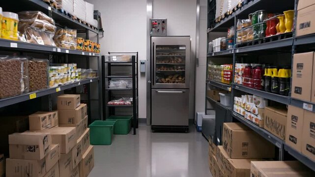 A neatly arranged commercial food storage room featuring shelves stocked with packaged goods, condiments, and supplies, alongside a refrigerator containing fresh bread. The space reflects efficiency