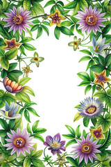 Vibrant floral border featuring a variety of colorful flowers and lush green leaves, perfect for framing invitations, artwork, or decorative projects.