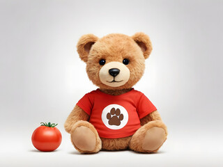 Obraz premium A classic teddy bear sitting with a tomato, wearing a red t-shirt with a paw print on a clean, light background.