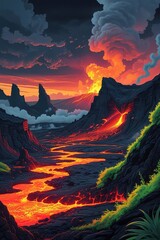 Majestic Volcano Landscape with Lava Flow and Dramatic Sky