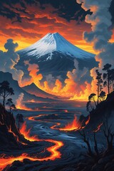 Majestic Volcano Landscape with Lava Flow and Dramatic Sky