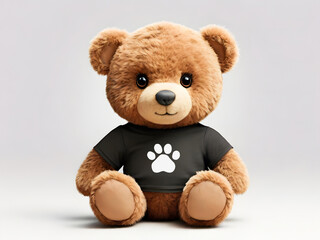 Obraz premium A delightful image of a teddy bear with a black t-shirt and a white paw print, showcasing a playful and endearing character.