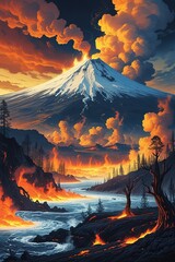 Majestic Volcano Landscape with Lava Flow and Dramatic Sky