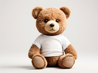 Obraz premium A cute teddy bear with soft brown fur, wearing a crisp white t-shirt, sitting on a soft surface.