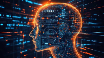 Electronic circuit in human head silhouette representing neural networks, processing digital data and visualizing machine learning computational intelligence concept
