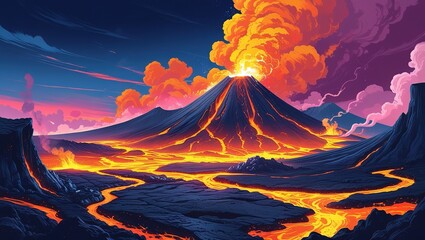 Lava Eruption from Multiple Volcanoes with Clouds and Smoke