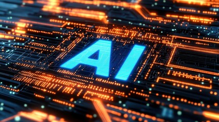Obraz premium Glowing blue ai symbol illuminating orange circuitry, representing advanced machine learning neural network technology