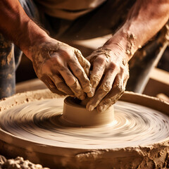 A close-up of a potter shaping clay on a wheel.