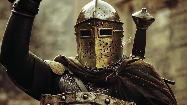 A medieval knight clad in worn armor holds a shield and sword, standing resolutely within a stone castle, illuminated by the fading afternoon light.