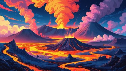 Lava Eruption from Multiple Volcanoes with Clouds and Smoke