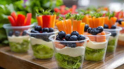 Layered yogurt cups displaying colorful vegetables and blueberries, presenting nutritious appetizer combining fresh produce in transparent containers