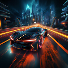 A futuristic car driving on a neon-lit highway.