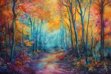 Enchanting Autumn Forest Path Magical Watercolor.
