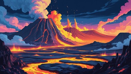 Lava Eruption from Multiple Volcanoes with Clouds and Smoke