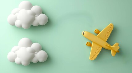 Small yellow airplane toy in motion with clouds on a mint green background