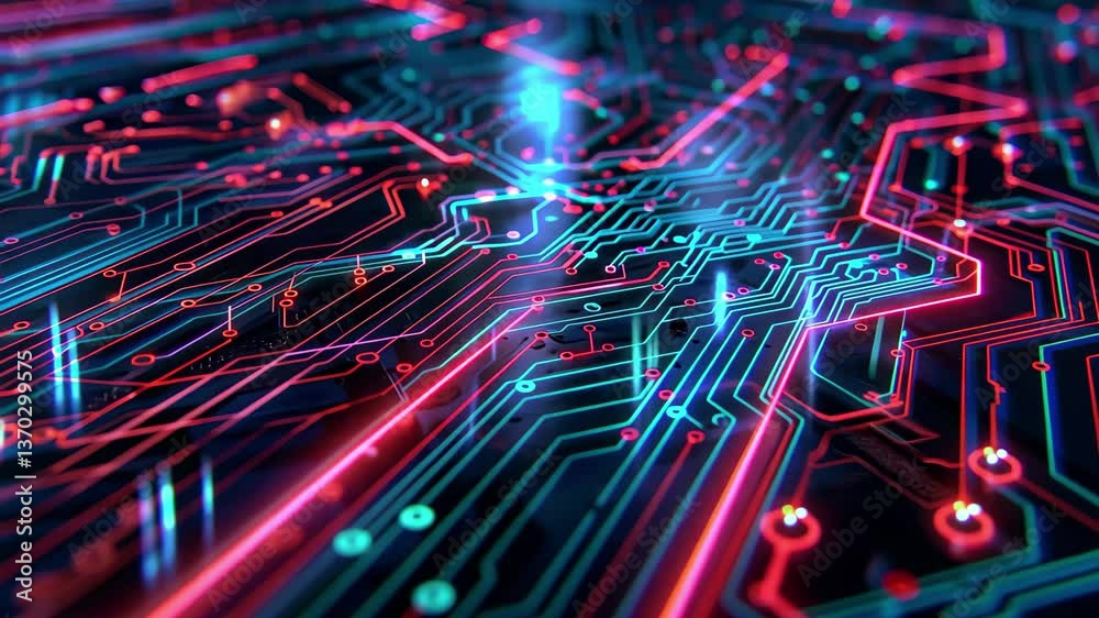 Poster the vibrant circuit board displays interconnected blue and red pathways, highlighting advanced elect