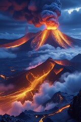 Lava Eruption from Multiple Volcanoes with Clouds and Smoke