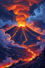 Lava Eruption from Multiple Volcanoes with Clouds and Smoke