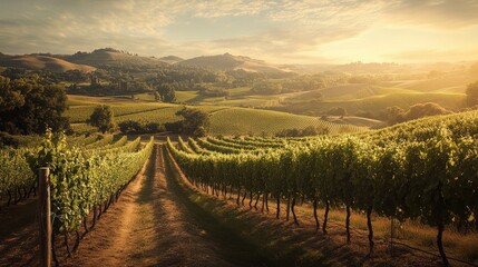 Picturesque vineyard landscape at sunrise.  Rolling hills, rows of grapevines, and a pathway wind through the vista.  Golden light bathes the scene