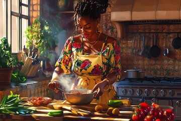 An artistic representation of a Black woman cooking in a cozy kitchen, preparing soul food.Black heritage,black history month,african american history.