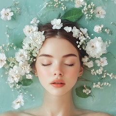 Serene portrait of a young woman surrounded by flowers in a tranquil setting close-up beauty concept