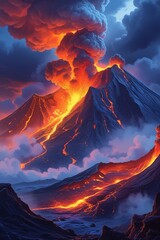 Erupting Volcano with Lava Flow and Fiery Sky