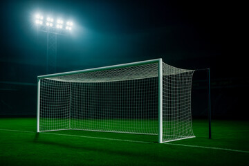Fototapeta premium Soccer goal on a green field under stadium lights at night with dramatic lighting