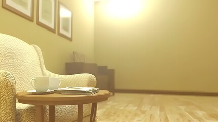 Cozy Living Room Interior with Sofa and Coffee Table in Warm Lighting and Minimalist Decor